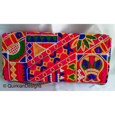 Red Fabric Clutch Purse With Floral Embroidery In Green, Yellow, Blue And Pink Threadwork & Pearl Beads Detail, Wedding Clutch, Boho Clutch